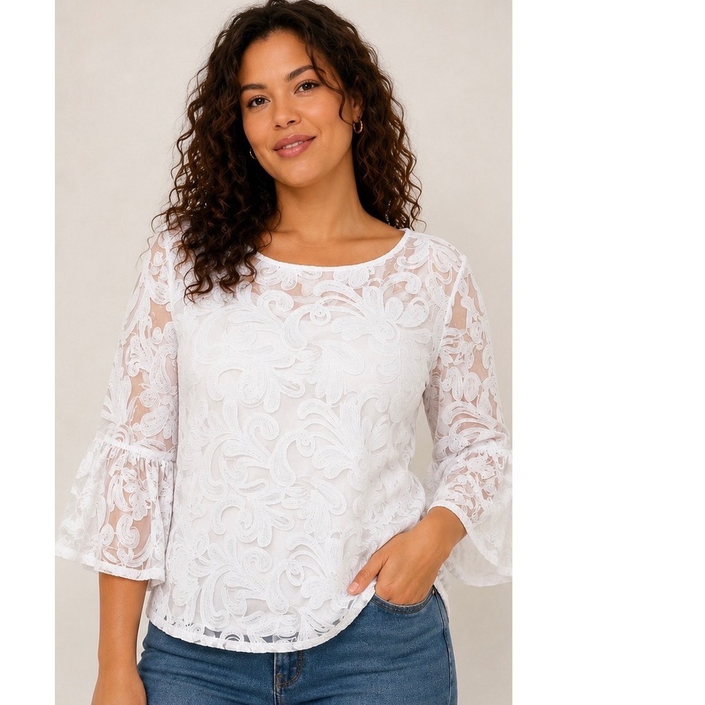 NY‎ Collection Womens Large White Paisley Lace Bell Sleeve Blouse Top Feminine